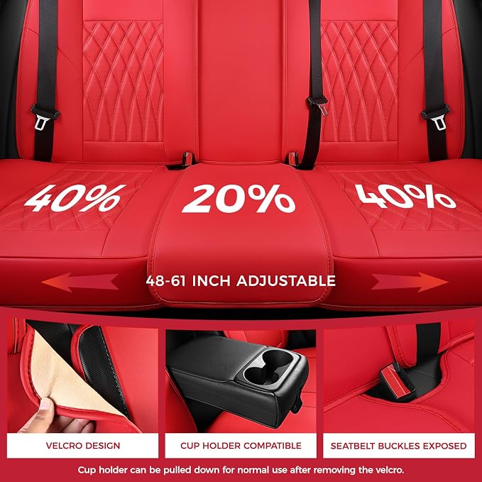 FREESOO Car Seat Covers Full Set Faux Leather Universal Fit Red | faux nappa leather seat covers, waterproof breathable, full set lumbar support, front rear covers, fit sedans suvs pickups - Image 4