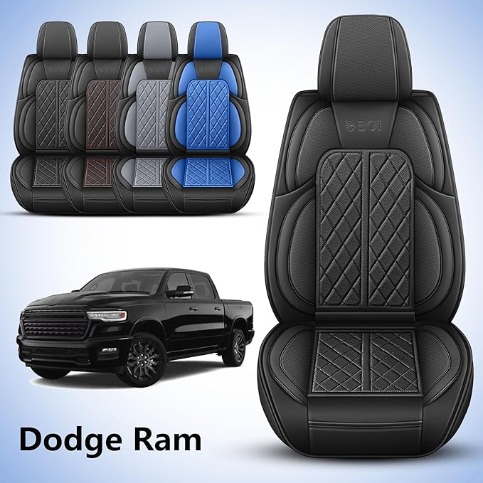 Car Seat Cover Custom Fit for Dodge Ram 1500 2500 3500 2002-2026 Faux Leather Seat Cover Set Compatible with Crew Quad Regular Cab Pickup Truck Cushions (Black, Full Set, Flat Rear) - Image 2