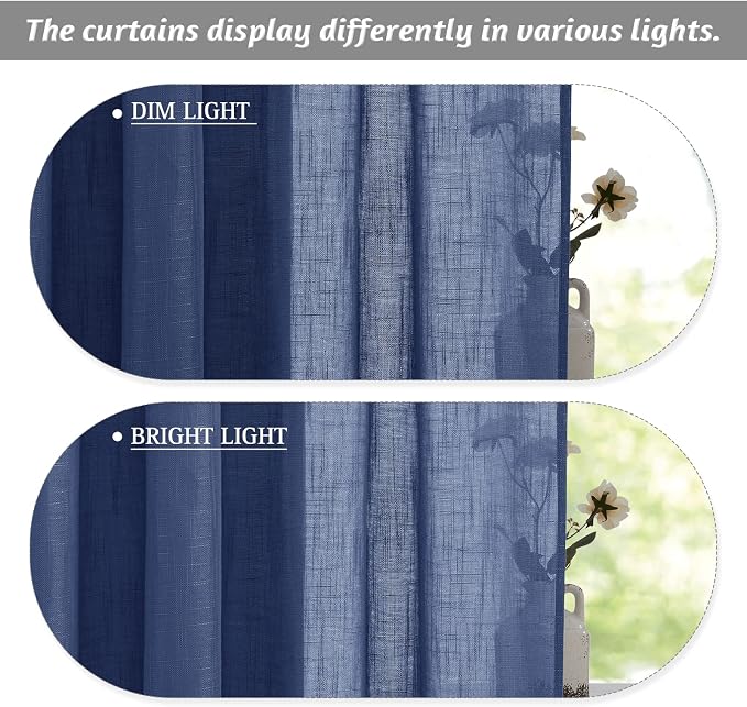 RYB HOME Curtains for Living Room - Linen Texture Sheer Farmhouse Country Curtains for Patio Sliding Glass Door French Door Bedroom Dining, Navy Blue, 52 x 95 inches, 2 Panels - Image 6