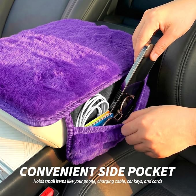Plush Fuzzy Fur Car Armrest Cover with Side Pockets,Purple | Fluffy Armrest Cushion Pad,Soft Center Console Cover,Car Interior Storage Accessories ,for Most Car Decoration Protector - Image 3