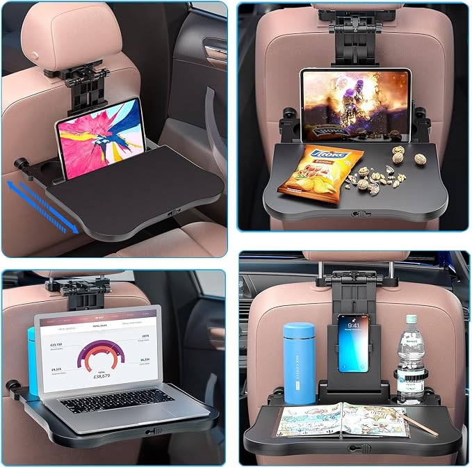 Car Back Seat Tray Table - Stable Foldable Auto Backseat Food Trays Desk for Rear Passenger Road Trip Eating & Work, Multifunctional Adjustable Travel Tray with Phone Drink Holder for Laptop iPad - Image 3