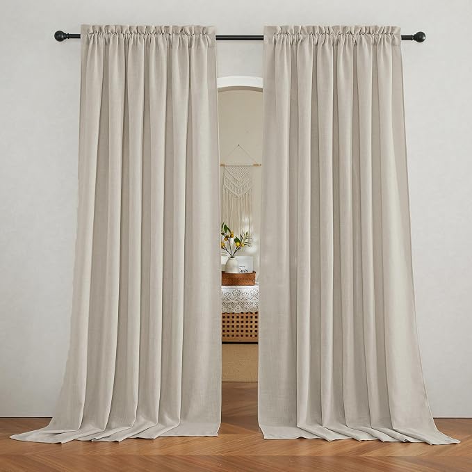 RYB HOME Linen Semi Sheer Curtains for Living Room, Light Filtering Half Privacy Window Curtains & Drapes for Bedroom, 2 Panels, Angora, 70" W x 108" L by RYBHOME