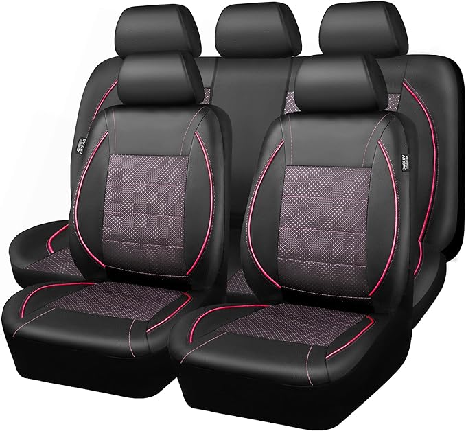CAR PASS Piping PU Leather Car Seat Cover Full Set,Inside Zipper Design and Reserved Opening Holes，Airbag Compatible,Universal FIT for Car, SUVs,Van,Trucks（Full Set, Black & Pink） - Image 8