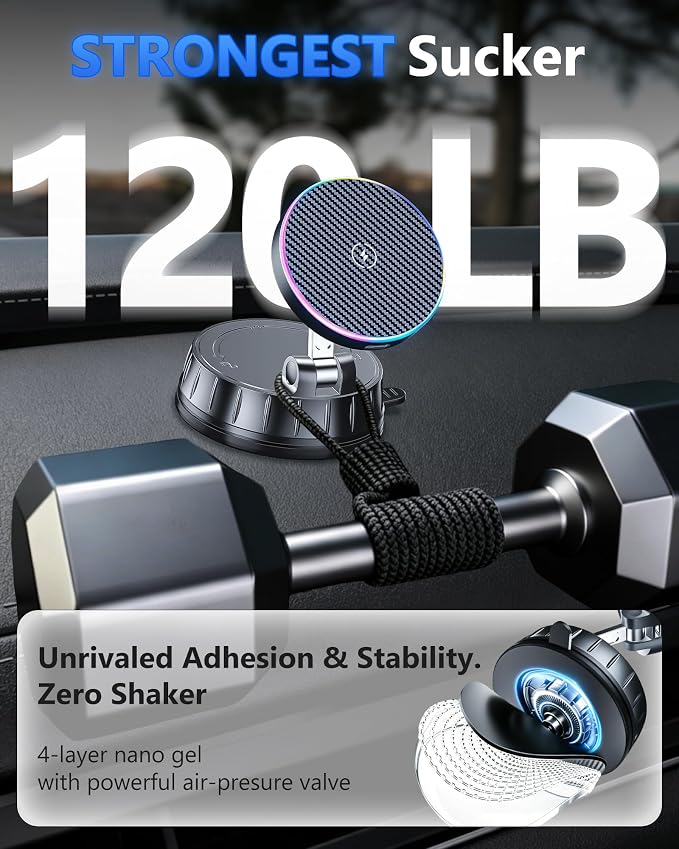 15W MagSafe Car Charger Mount, Magnetic Wireless Car Phone Holder with Dual Input Port, Vacuum Suction & Nano Adhesive Base, 360° Rotation Stable Car Charging Stand for iPhone 12-17, Samsung S26 - Image 5