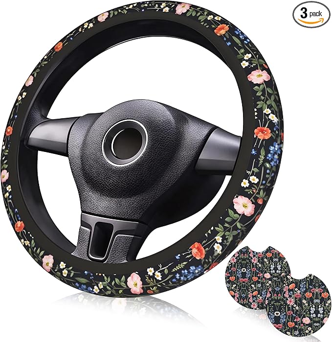 Wildflower Car Steering Wheel Cover 15 in, 2 Cute Floral Car Coasters | Multicolor Anti-Slip Breathable softness elasticity Universal Suitable for Men Women by Unknown