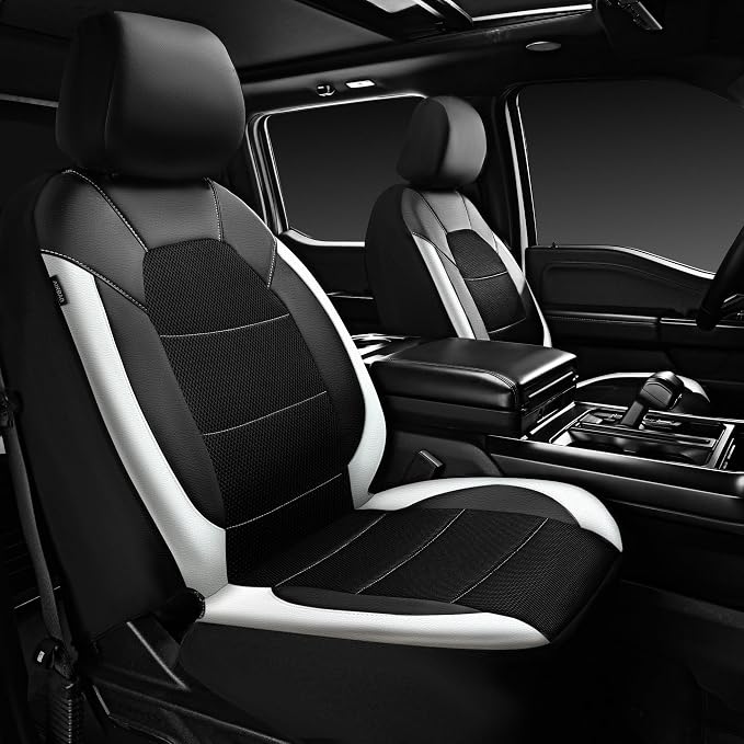 CAR PASS Universal Front Leather Car Seat Covers with Sporty Design, Breathable All Season Easy to Clean Anti-Slip Wear-Resistant Automotive Seat Covers Fit for Most Cars, SUVs, Trucks, Black & White - Image 8