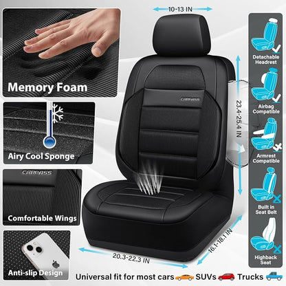 CAR PASS Memory Foam Seat Covers Front, Airy Cool Mesh Thick Car Seat Covers, Leather Car Seat Covers Front Seats Airbag Compatible, Universal Automotive Comfort for Most Cars, Trucks, SUV, Black - Image 4