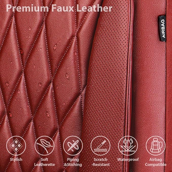 CAR PASS Piping Luxury Faux PU Leather Two Front Car Seat Covers, Waterproof Anti Slip Premium Automotive Seat Covers,Universal Fit for Suvs,Vans,Trucks, Armrest Airbag Compatible, Burgundy Red - Image 4
