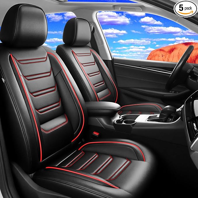 Fit Palisade Car Seat Covers for Select Hyundai Palisade 2000-2026 - Premium Full Coverage Leather, Airbag Compatible, Waterproof All Weather Seat Cushion Protector, 5 Seats, Black & Red Trim by FiveFox