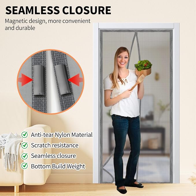 Magnetic Door Screen, Durable Reinforced Anti-Tear Mesh Self-Closing Curtain, Heavy Duty Screen Door with Full Frame Hook & Loop, Fit Door Size 38 x 82 Inch (Silver) - Image 2