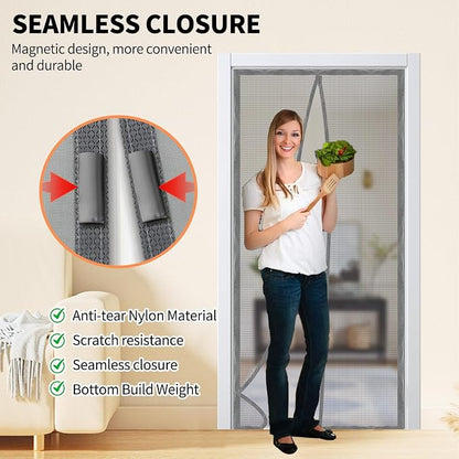 Magnetic Door Screen, Durable Reinforced Anti-Tear Mesh Self-Closing Curtain, Heavy Duty Screen Door with Full Frame Hook & Loop, Fit Door Size 38 x 82 Inch (Silver) - Image 2