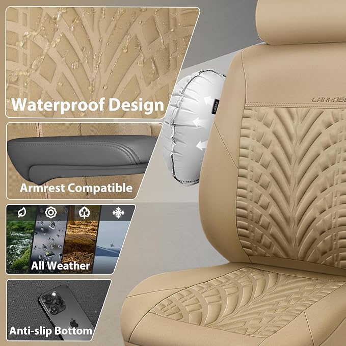 CAR PASS Neoprene Waterproof Seat Covers Full Sets, Wetsuit Car Seat Covers 5 Seats Universal Fit for Vans, Truck, SUV, 3D Tyre Embossed Seat Covers Anti Slip with Armrests, Aibag Compatible All Beige - Image 7