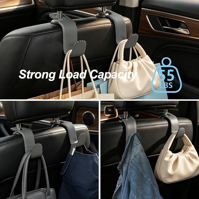Car Headrest Hooks, Universal Car Seat Back Organizer Hanger, Premium Leather & Metal Construction, Multipurpose for Handbag, Purse, Coat, Ergonomic Design, 2 Pack Gray - Image 4