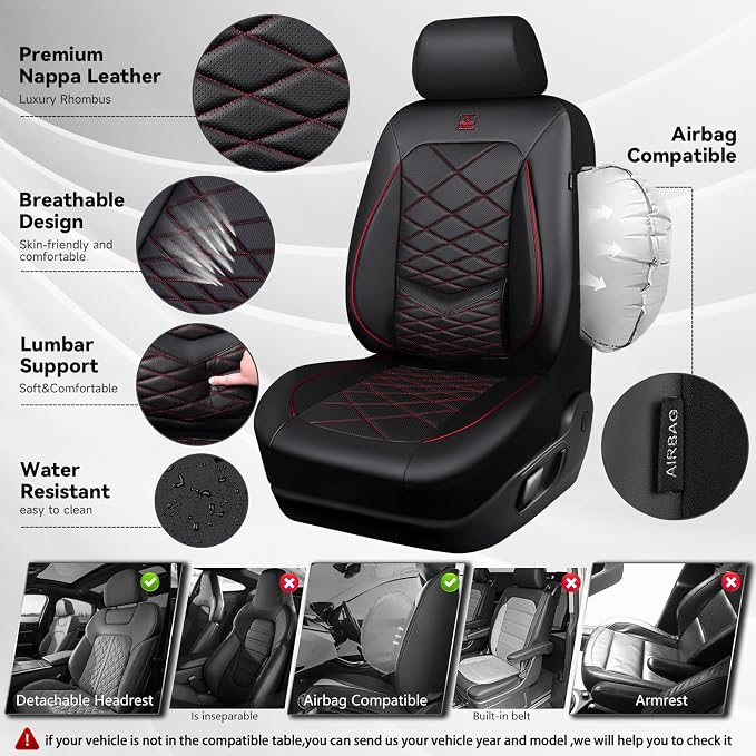 CAR PASS Luxury Nappa Leather Seat Covers Full Set, Water Resistant Faux Leather Seat Cover with Lumbar Support, Breathable Automotive Seat Covers Universal Fit for Sedan SUV Van Truck, Black Red - Image 8