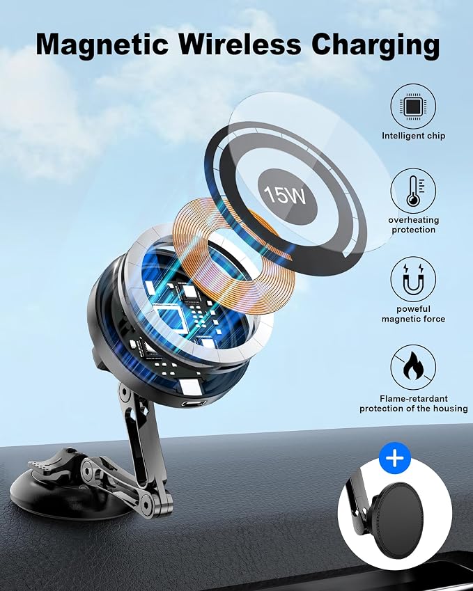 ZBF Magnetic Car Phone Holder, 15W for MagSafe Car Mount Charger(Fast Wireless Charging,Vacuum) 360°Adjustable Car Mount for Women Men iPhone 17-12 - Image 2