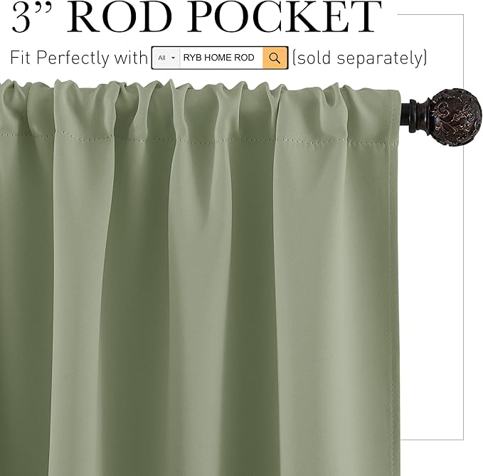 RYB HOME Kitchen Blackout Window Curtains Over Sink 36 inch Length | Summer Light UV Blocking, Energy Efficient, Cabinet Shelf Cupboard Blinds Window Coverings, W29 x L36, Sage Green, 2 Panels - Image 2