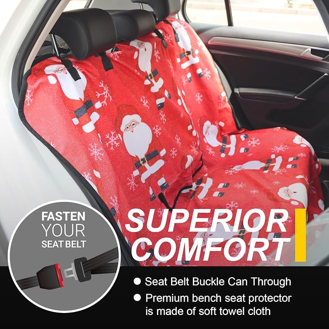 Back Seat Cover for Car Trucks Van SUV Jeep,Waterproof Rear Bench Towel Seat Covers for Dogs and Kids,Automotive Backseat Protector (Santa Claus) - Image 2