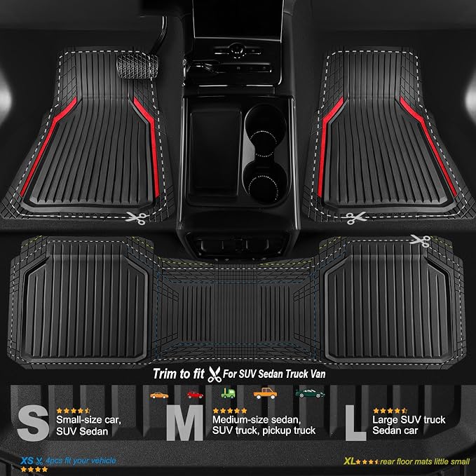 CAR PASS Heavy Duty Rubber Floor Mats for Car, Waterproof Liner Deep Dish Car Mats Full Sets, Universal Trim to Fit for SUV Truck Sedans Vans, All Weather Automotive Floor Mats 3pcs, Black Red - Image 2