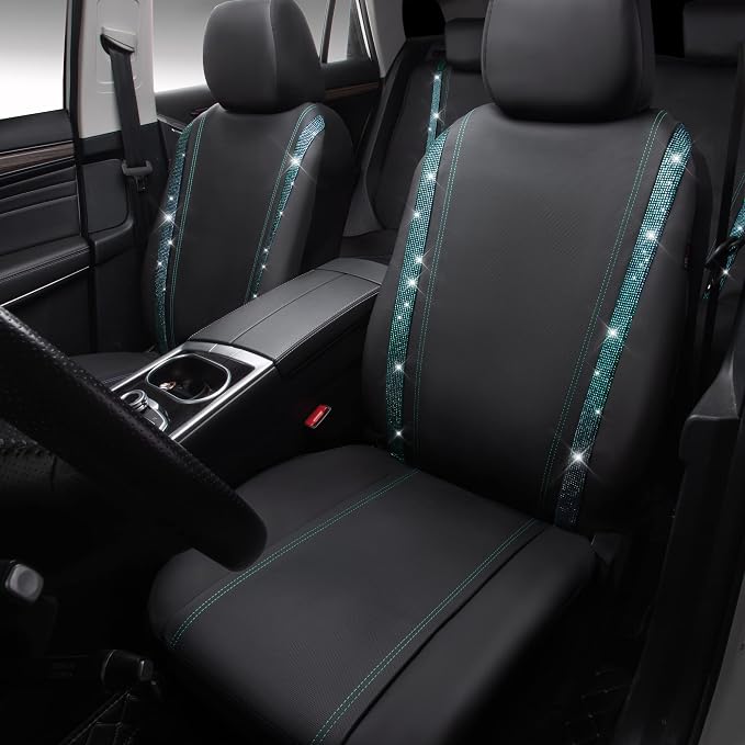 CAR PASS Bling Car Seat Covers Full Set, Shining Rhinestone Diamond Waterproof Faux Leather Universal Fit 95% Automotive Glitter Crystal Sparkle Strips for Cute Women Girl, Full Set (Mint Diamond) - Image 7
