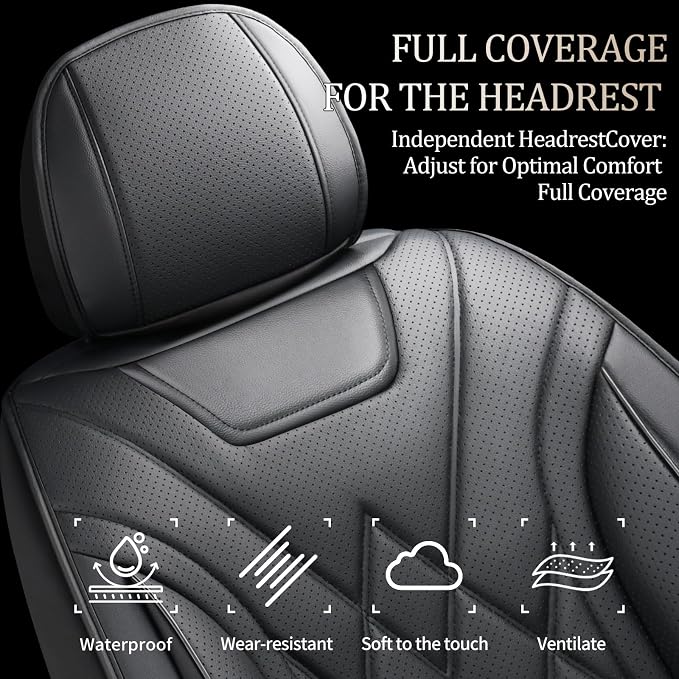 Fit Canyon Car Seat Covers for GMC Canyon 2015-2025 2026 - Luxury Leather, Anti-Slip, All-Weather, Waterproof & Breathable, Airbag Compatible, 2 Front Seats Only (Black) - Image 3