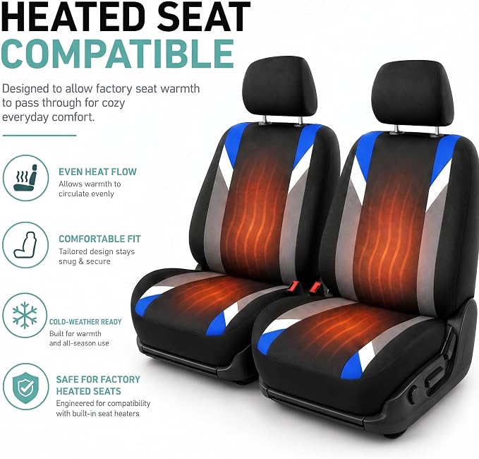 FH Group Front Set Cloth Car Seat Covers for Low Back Car Seats with Removable Headrest, Universal Fit, Airbag Compatible Seat Cover for SUV, Sedan, Van Blue - Image 5