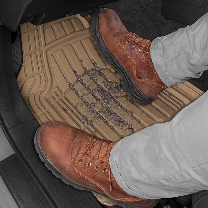 Cat® ToughRide™ Heavy-Duty 3 Piece Rubber All Season Floor Mats for Car Truck Van SUV, Beige - Premium Trim to Fit Cars Floor Mat, All Weather Deep Dish Automotive Floor Mats, Total Dirt Protection - Image 3