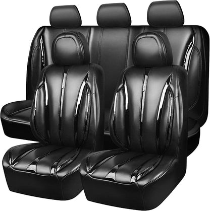 CAR PASS Ultra+ Nappa Patent Leather Car Seat Covers Full Set Universal Cushioned,Soft Breathable Waterproof Anti-Slip Driver Seats Backrest for SUV Pick-up Truck Sedan,5 Seats Aether Lustre All Black by CARPASS