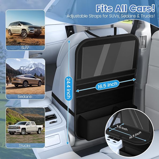 Car Backseat Organizer with Tray, Tablet Holder for Kids Road Trip | 600d Oxford Fabric, Waterproof & Easy-Clean, Foldable Tray Stows Away, Adjustable Straps Fit Car Seats, Multi-Size Pockets - Image 2