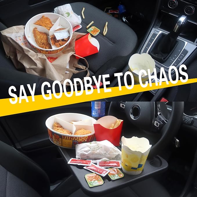 4 in 1 Car Steering Wheel Tray with Dual Sauce Dip Holder and Tablet Holder,Car Table Food Trays for Eating,Driver Desk Fit Most Auto Vehicle Steering Wheels (Black, Large) - Image 5