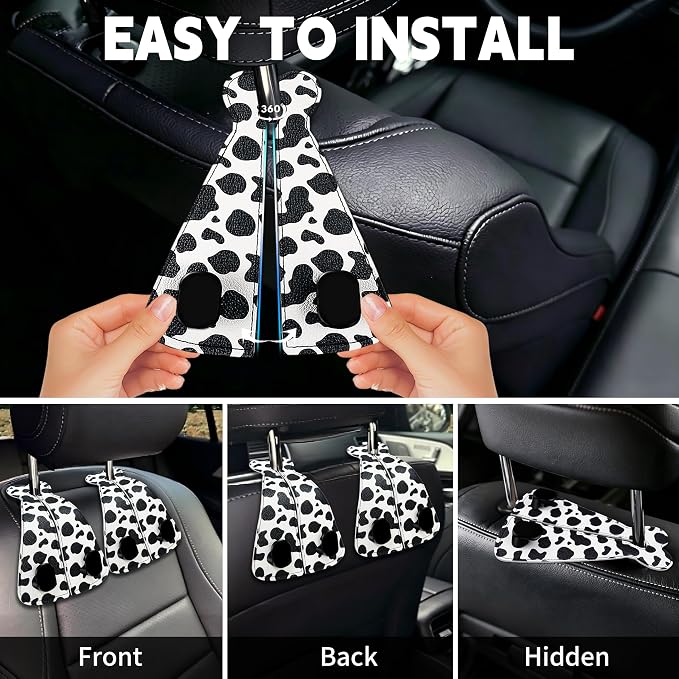 XIANGYUAN 2PCS PU Leather Car Seat Back Storage Headrest Hook,Purse Holder Bags Hanger,Women Car Accessories Organization(Black and white cows) - Image 4