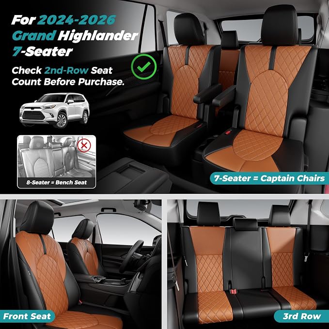 Custom Seat Covers for Toyota Grand Highlander 2024-2026 7 Seats | black brown, faux leather, 2nd row captain chairs, waterproof, breathable, airbag compatible, stain resistant - Image 4