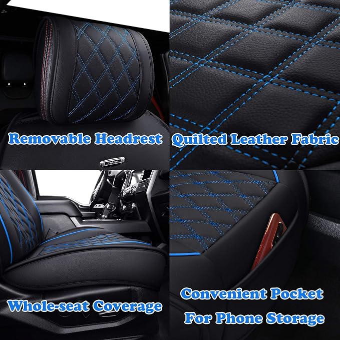Front Car Seat Covers for Ford F150 F250 F350 F450 (Black-Blue) | Custom Fit 2009-2026 F150 XLT STX XL, 2017-2026 F250 F350 F450 Super Duty Truck Crew/Regular/Extended Cab, Waterproof Leather - Image 5