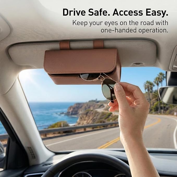 Magnetic Sunglasses Holder for Car Visor, PU Leather Clip, Brown | Soft Inner Lining, One-Handed Access, Holds Eyeglasses, Parking Tickets and Receipts, For Cars, SUVs and Trucks, 1 Pack - Image 4