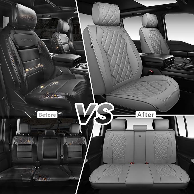 CAR PASS Luxury Nappa Leather Seat Covers Full Set, 3D Rhombus Waterproof Faux Leather Seat Covers, Universal Automotive Seat Cushion Fit for Most Sedan SUV Truck Van, Airbag Compatible Gray - Image 6