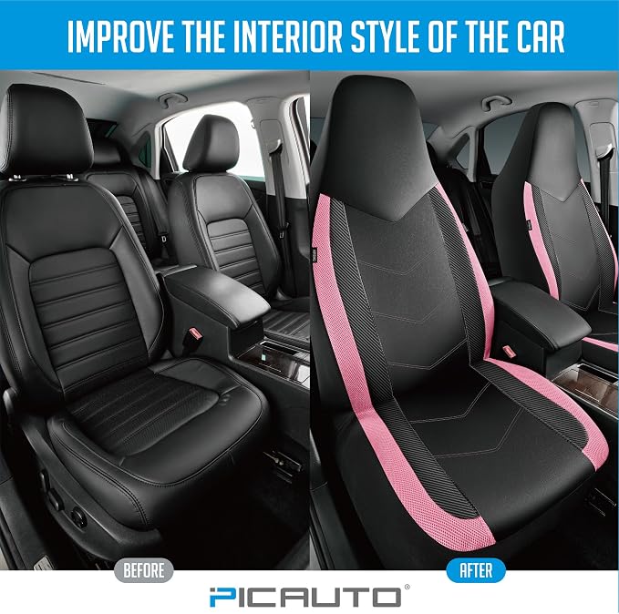 PIC AUTO Leather Car Seat Covers, Sports Carbon Fiber & Mesh Design, High-Back Two Front Set, Waterproof Automotive Seat Covers, Airbag Compatible, Universal Fit for Most Cars (Black & Pink) - Image 5