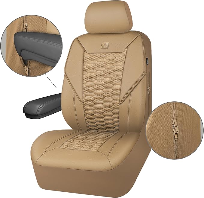 CAR PASS 3D Foam PU Leather Car Seat Covers Full Set,Tan Breathable Faux Leather Seat Covers for Car,Anti Slip Universal Fit for SUVs Vans Sedan Truck Automotive,Armrest Airbag Compatible All Beige - Image 9