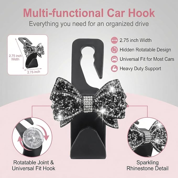 2 PCS Bling Car Seat Headrest Hooks, Crystal Rhinestone Bow Car Purse Hooks, Vehicle Seat Back Storage Hook for Handbag Purse Coat Grocery, Universal for SUV Truck Sedan (Black) - Image 6
