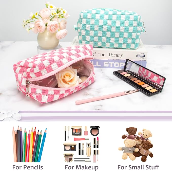 Checkered Makeup Bag for Purse, Small Travel Cosmetic Pouch,Pink,6 Pack | Cute Zipper Makeup Organizer for Women, Travel Essentials, Toiletries, Makeup Brushes, Beauty Accessories&Bridesmaid Gifts - Image 4