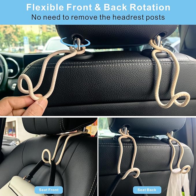 Car Seat Back Organizer Hooks 2 Pack with Anti-Drop Loop - Beige Leather/2S | Space Saving Car Headrest Hangers for Women Men, Universal Car Bag Holder for SUV Truck for Front and Back Seat Storage - Image 5