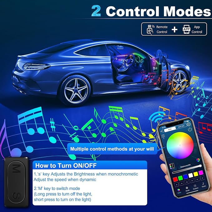 Dreamcolor Acrylic Interior Car LED Strip Light with Wireless APP, RGB 6 in 1 with 175 inches 612 LEDs Fiber Optic Car Ambient Lighting Kits, Dynamic Chasing Music Sync Neon LED Strip Lights for Car - Image 5
