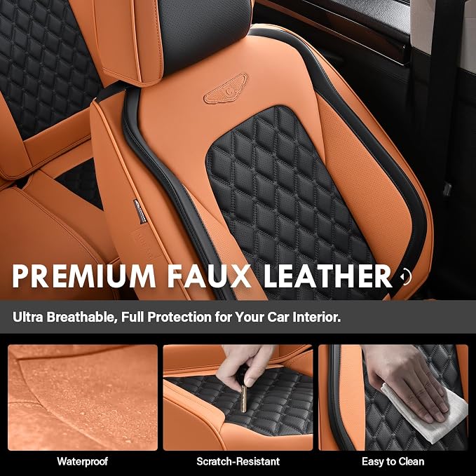 Coverado Car Seat Covers Front Seats, Vintage-Style Soft Waterproof Faux Leather Full Set with Rear Protectors, Comfortable Anti-Stain Interior for Most Vehicles – BrownBlack - Image 4