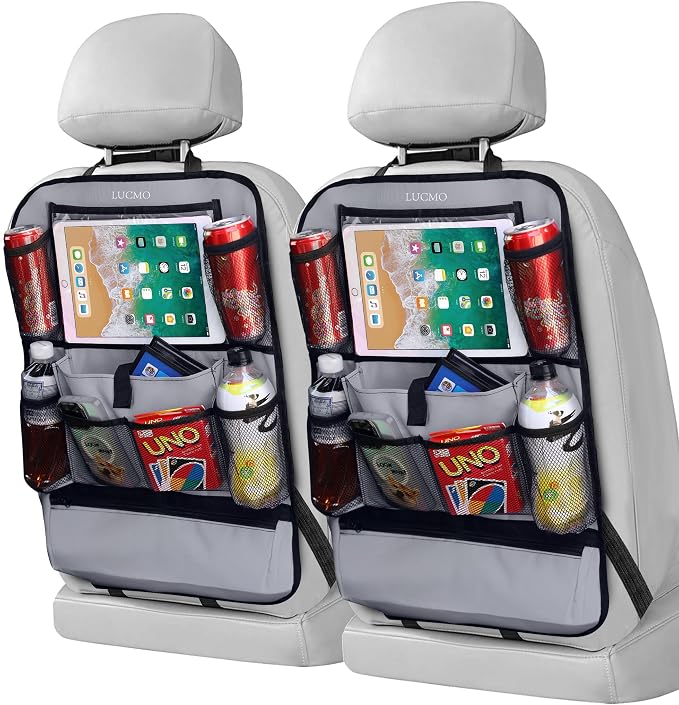 LUCMO Car Backseat Organizer with Touch Screen Tablet Holder, Grey | 2 Pcs,9 Storage Pockets,Clear Tablet Holder,Protectors Kick Mats,Travel Accessories,Seat Cover,Road Trip Essentials by LUCMO