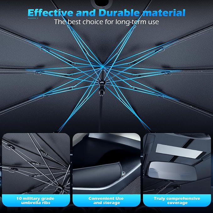 [2026 Upgrade] FLORICH Windshield Sunshade Umbrella Foldable Car Windshield Sun Shade Cover, [Nano-Ice-Crystal Coatings] Protect Interior from from UV Keep Car Cooler Medium(55" L x 32" W) - Image 3
