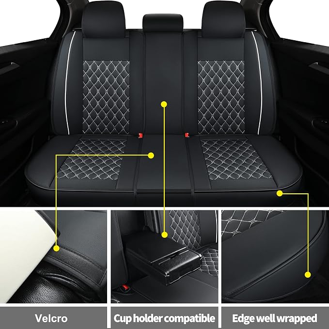 Car Seat Covers Full Set,Universal Fit for Most Cars,SUV,Sedans and Pick-up Trucks,Automotive Vehicle Faux Leather Cushion Covers for 5 Passenger Cars(Full Set,Black/White) - Image 3