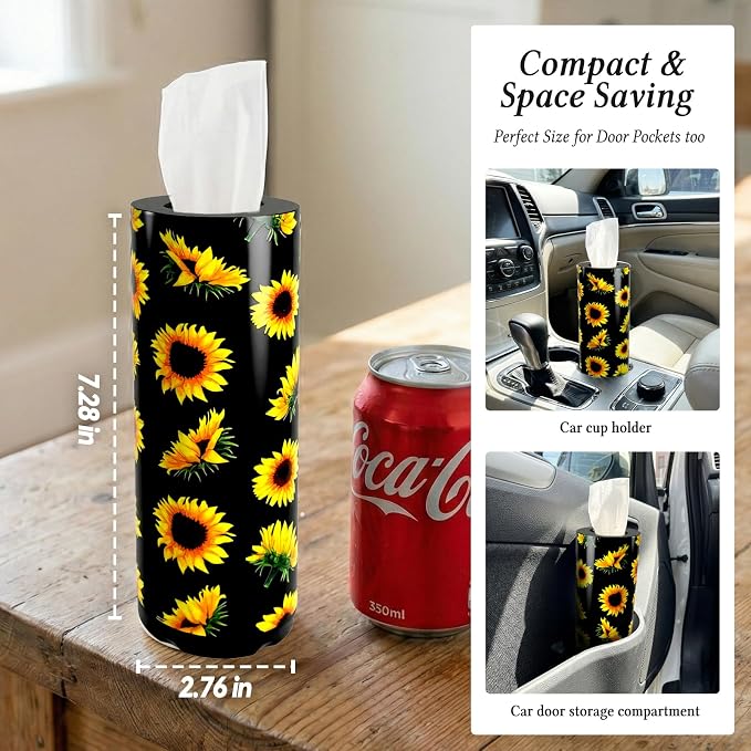 Car Tissues Cylinder for Cup Holder - Refillable Round Tissue Canister with 2 Packs Tissue - Cute Summer Floral Car Interior Accessories for Women & Men -Yellow Flower Decor (Sunflower) - Image 6