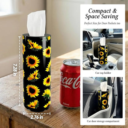Car Tissues Cylinder for Cup Holder - Refillable Round Tissue Canister with 2 Packs Tissue - Cute Summer Floral Car Interior Accessories for Women & Men -Yellow Flower Decor (Sunflower) - Image 6