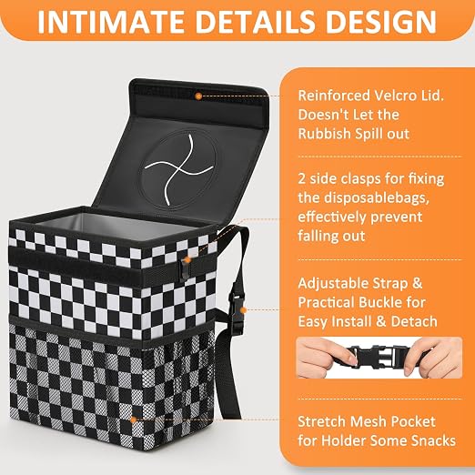 Vankor Car Trash Can with Lid Leak Proof Car Accessories for Women | 2.2 Gallon Cute Hanging Car Trash Bin for Men Car Truck Auto Interior Automotive Garbage Cans, Black White Checkered - Image 4