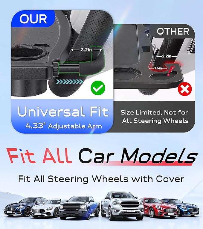 Car Steering Wheel Tray for Drivers Steering Wheel Tray for Dining, Mobile Office & Travel Food with Cup Holder, Scratch-Free EVA Hook Covers, 2-in-1 Desk Table for Car - Black - Image 2