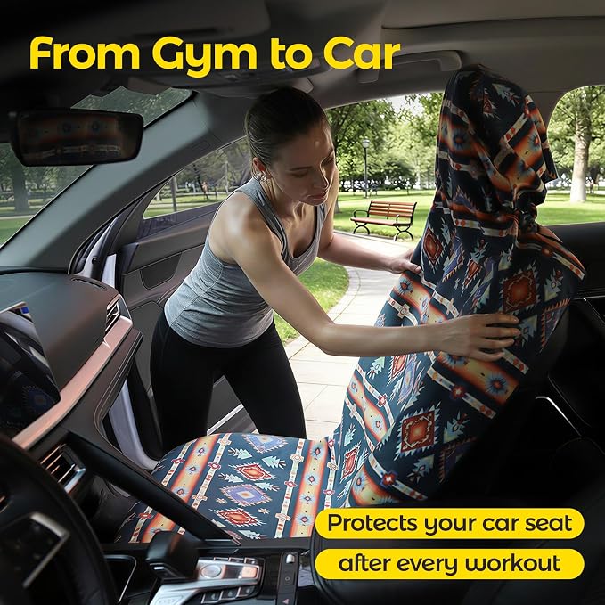 Car Seat Towel Cover, Full-Sized, Sweat Absorbing Towel for Gym - Aztec | Washable quick-dry towel cover protects front seats from sweat and water after gym, workout, running, beach and swimming - Image 3