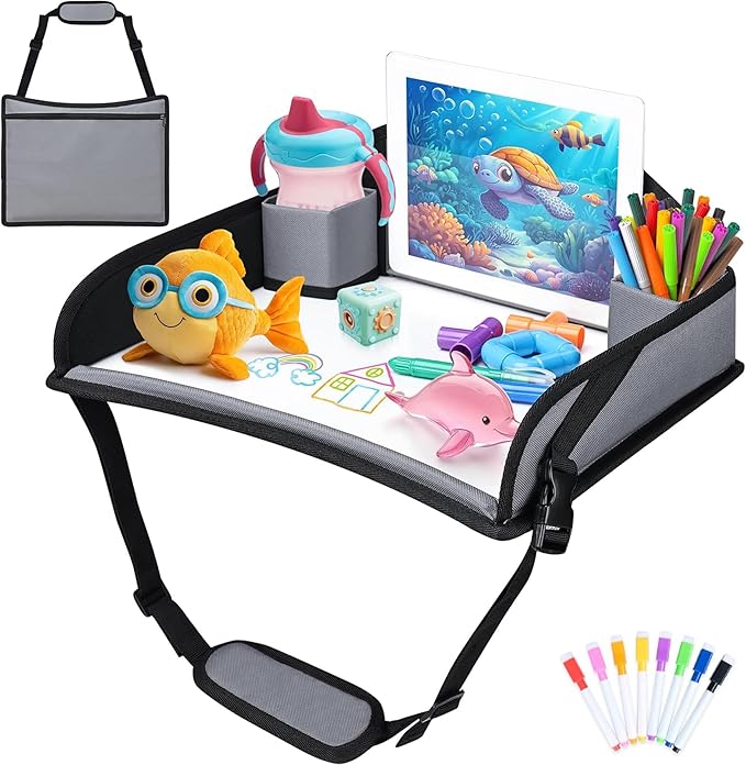 Toddler Car Seat Travel Tray FOR Road/Airplane Trip Activities, Grey | Travel Tray With 16.7" x 13.4" Smooth Dry Erase Board, Cup holders, Ddjustable Strap & Shoulder Carry Strap by AZAMIA